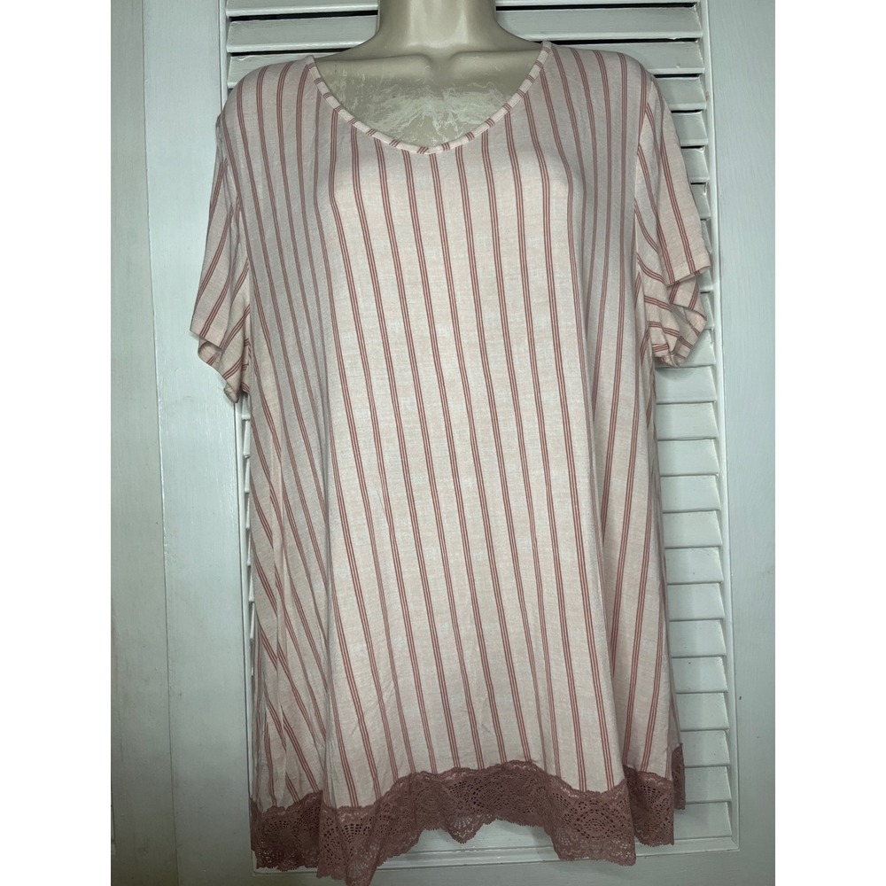 Soma Womens Pink Striped Lace Trim V-Neck Short Sleeve Sleep Shirt Pajama Top L